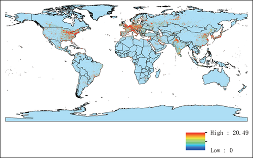 Warmte-uitstoot door menselijke activiteit in watt per vierkante meter in 2009 (Chen et al., 2014)