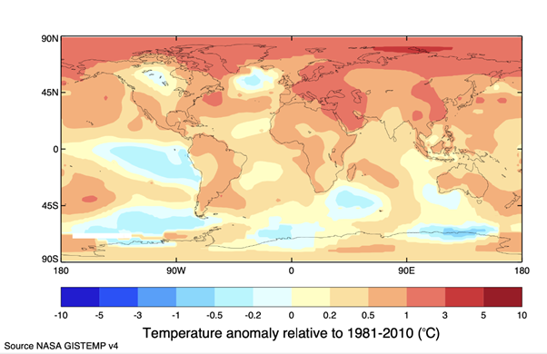 Temperatuurverandering in de periode 2017-2021 ten opzichte van de periode 1981-2010.